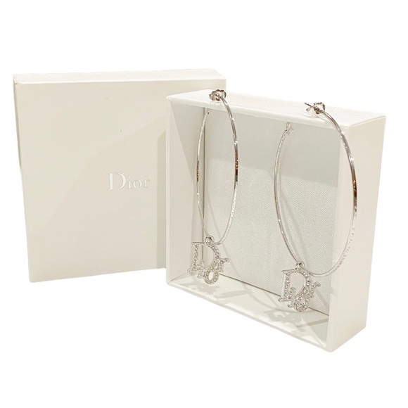 DIOR Silver Hoop XL Earrings Oblique Swarovski Crystal Vintage Authentic